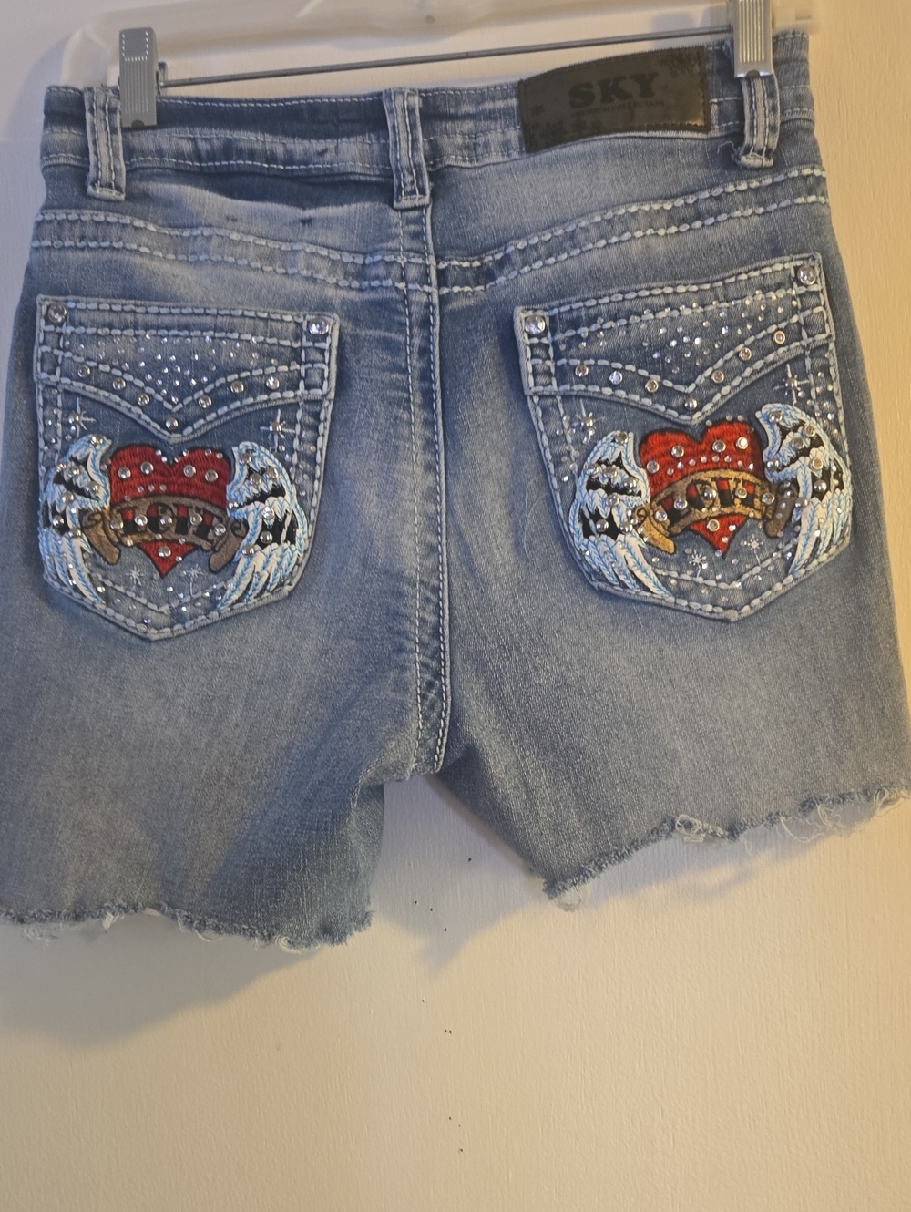 Sky Light Blue Denim Shorts with Red Heart & Wing Embroidery